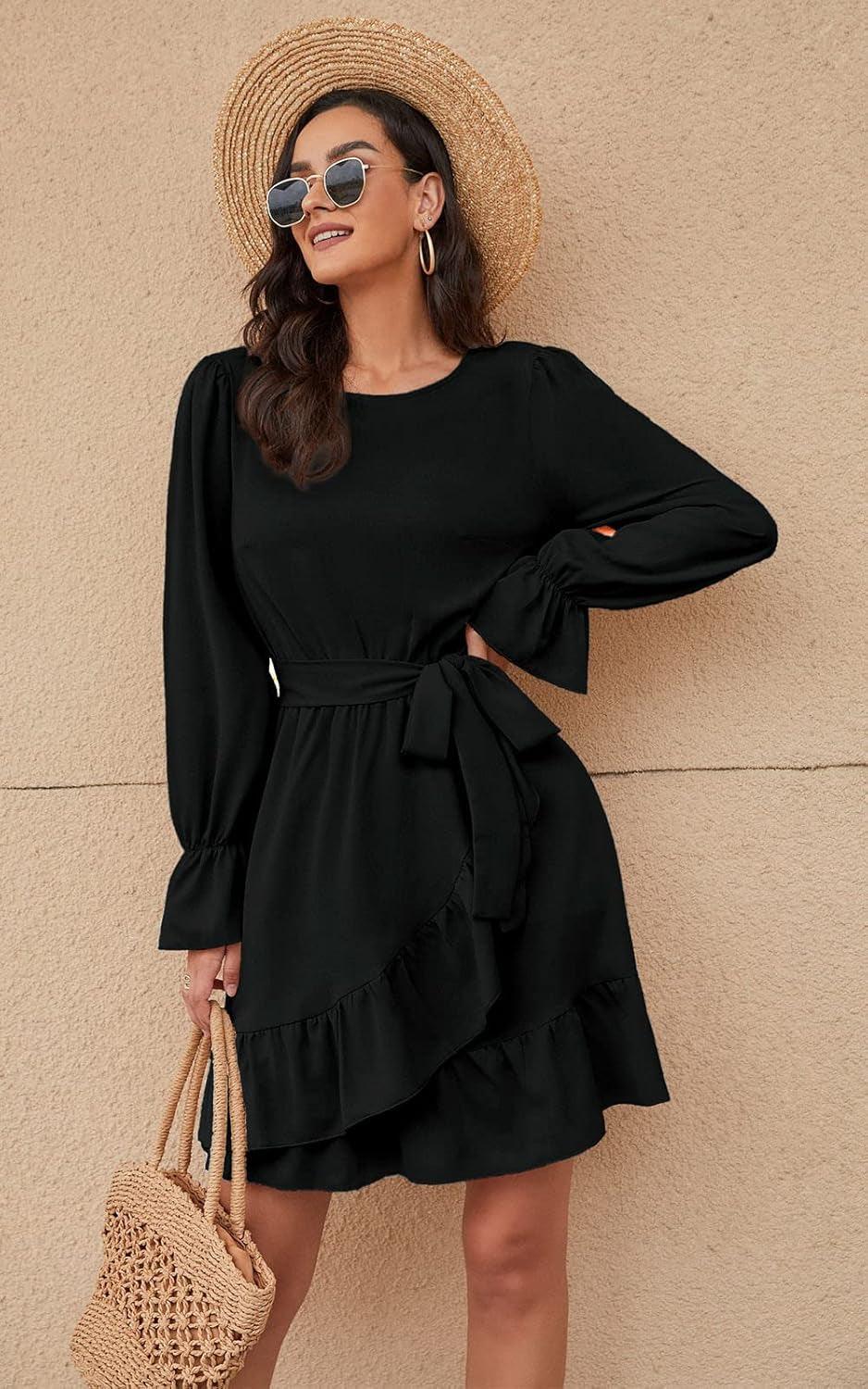 Women Flowy Long Sleeve Crew Neck Ruffles Mini Short Dress Bell Sleeve Solid Color with Belt (Black, Medium) - Luxury by Shop Luxe Look