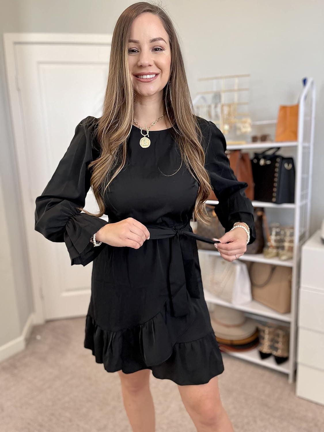 Women Flowy Long Sleeve Crew Neck Ruffles Mini Short Dress Bell Sleeve Solid Color with Belt (Black, Medium) - Luxury by Shop Luxe Look