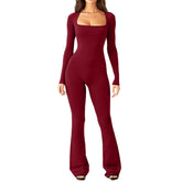 Women Long Sleeve Belly Waist Shaping and Hip Lift Square Collar Wide Leg High Elastic Jumpsuit - Luxury by Shop Luxe Look