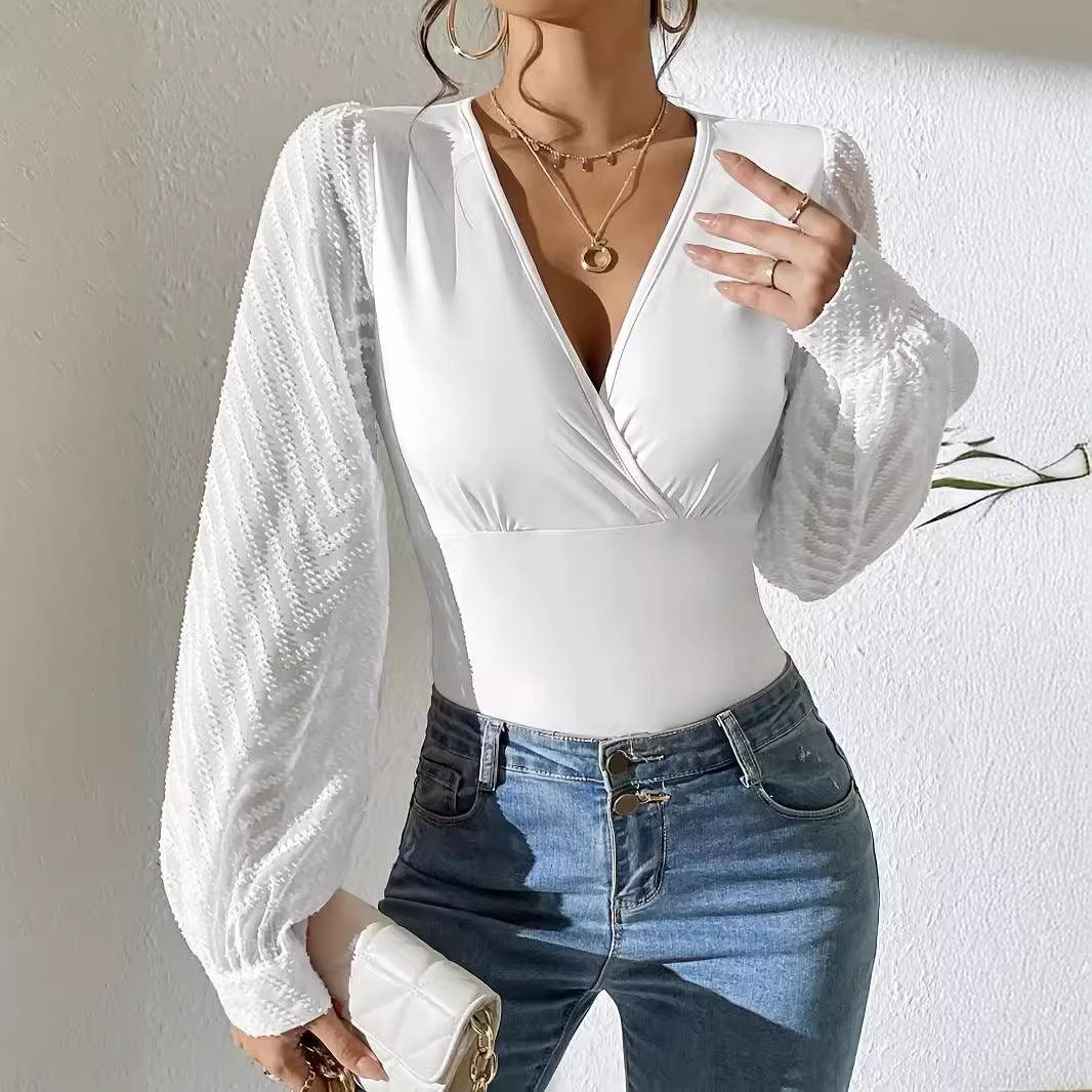 womens chiffon top-Women's Chiffon Stitching Solid Color Knitted Deep V Long Sleeve Top-shopluxelook.store