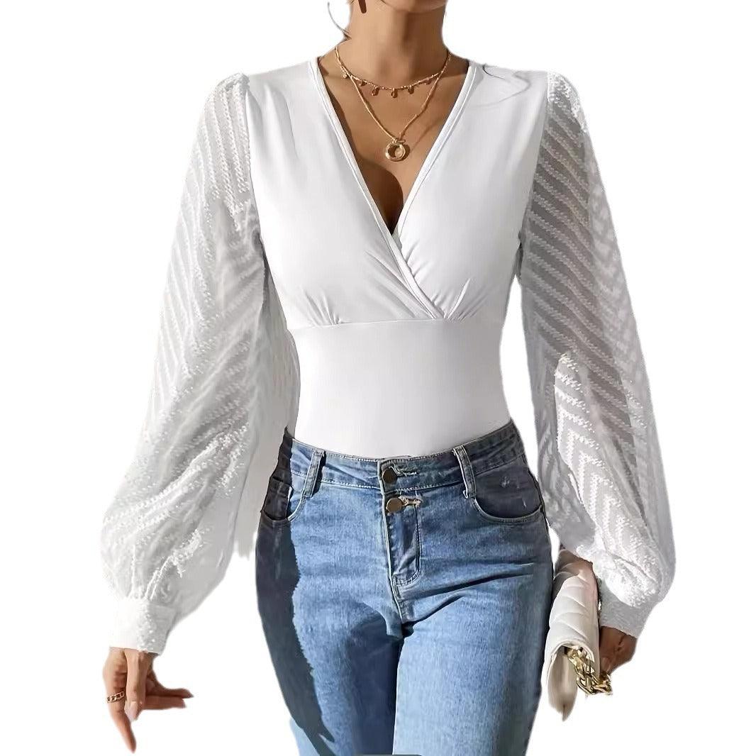 womens chiffon top-Women's Chiffon Stitching Solid Color Knitted Deep V Long Sleeve Top-shopluxelook.store