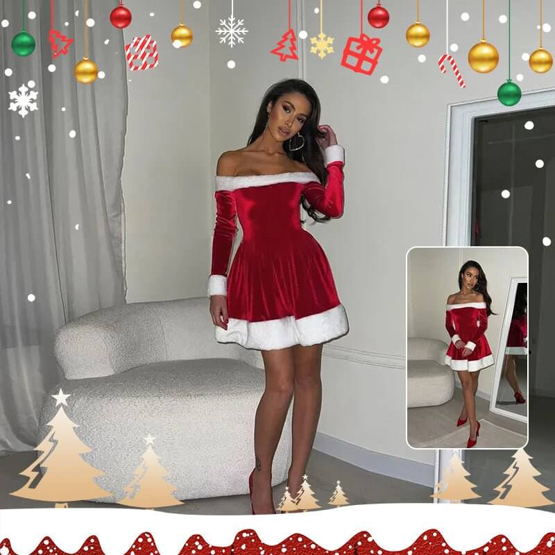 Women's Christmas Costume Santa Dress Plush Trim Boat - Neck Off - Shoulder Sleeve Dress New Year Party Cosplay Costume - Luxury by Shop Luxe Look