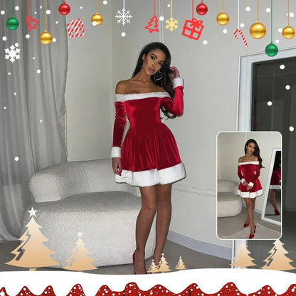 Women's Christmas Costume Santa Dress Plush Trim Boat - Neck Off - Shoulder Sleeve Dress New Year Party Cosplay Costume - Luxury by Shop Luxe Look