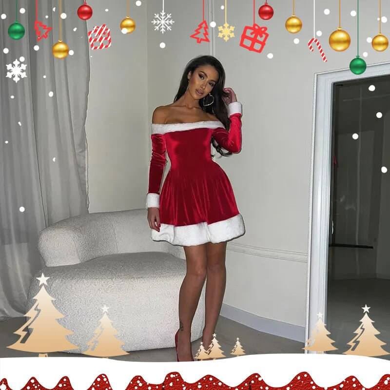 Christmas costume-Women's Christmas Costume Santa Dress Plush Trim Boat-Neck Off-Shoulder Sleeve Dress New Year Party Cosplay Costume-shopluxelook.store