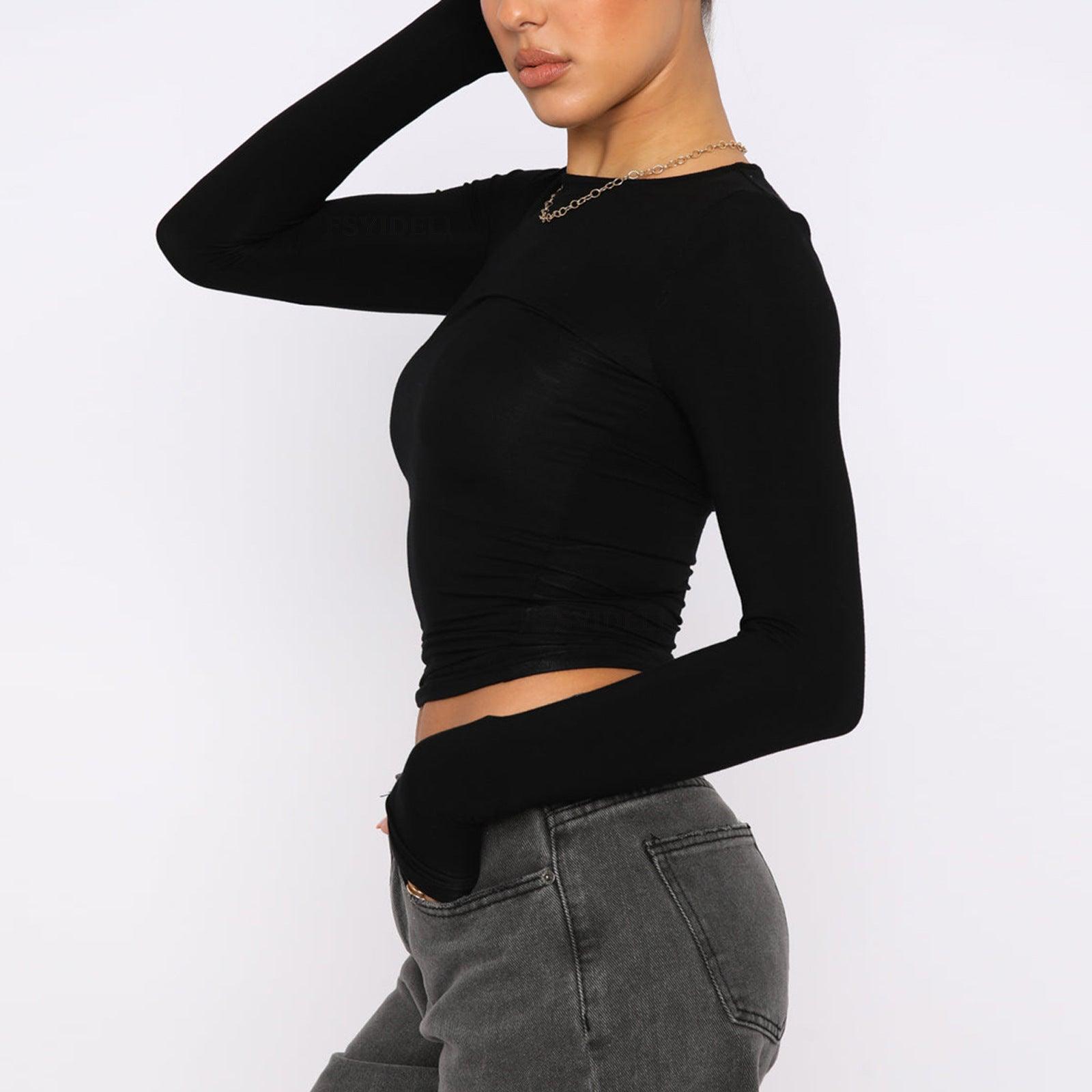 women's long sleeve tops-Women's Clothing Fashion Slim Long-sleeved Pullovers Tops Solid Causal Fit Shirts-shopluxelook.store