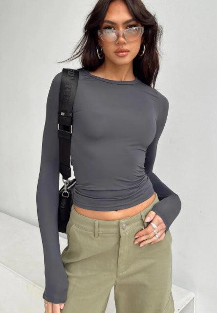 women's long sleeve tops-Women's Clothing Fashion Slim Long-sleeved Pullovers Tops Solid Causal Fit Shirts-shopluxelook.store