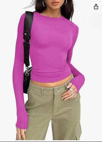 women's long sleeve tops-Women's Clothing Fashion Slim Long-sleeved Pullovers Tops Solid Causal Fit Shirts-shopluxelook.store