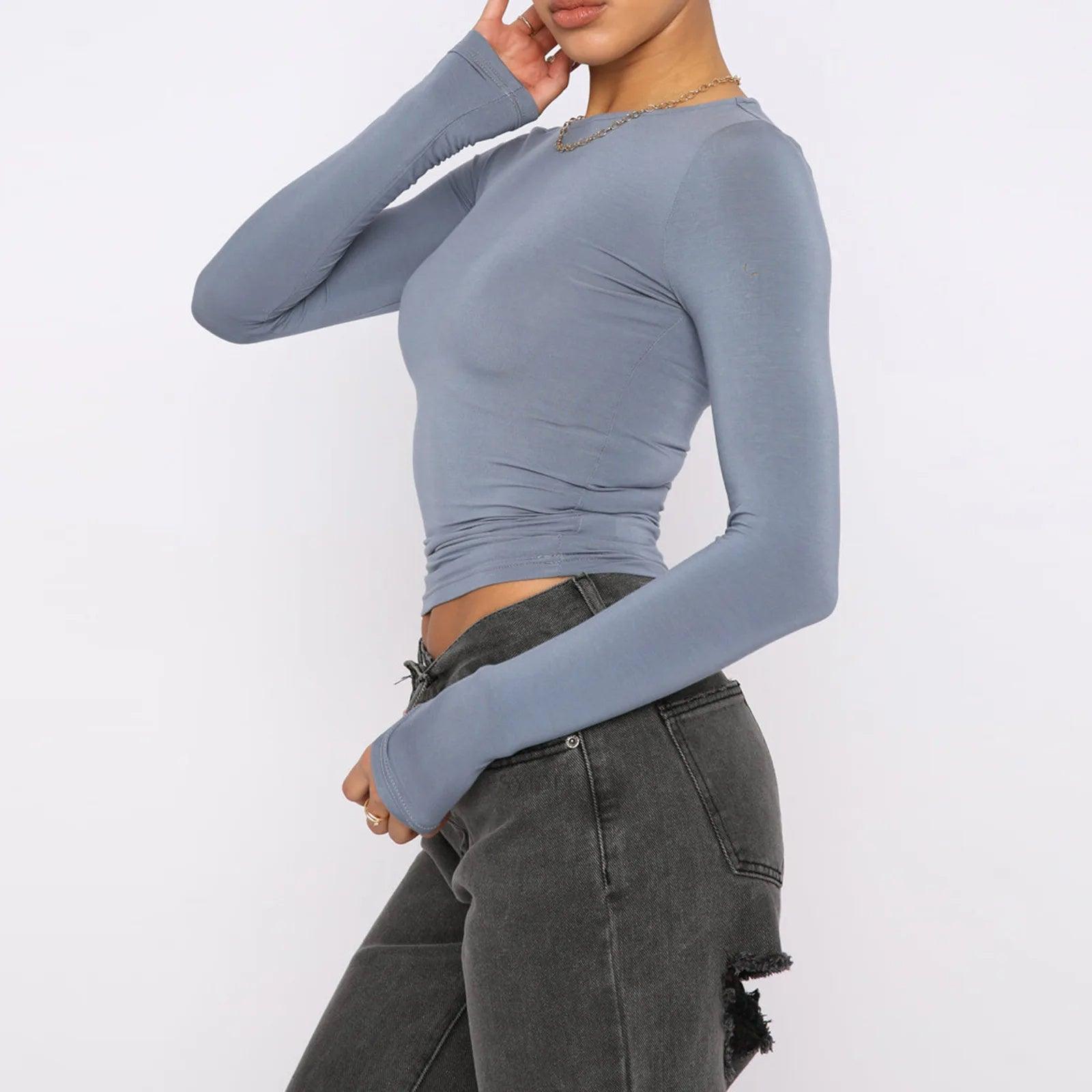 women's long sleeve tops-Women's Clothing Fashion Slim Long-sleeved Pullovers Tops Solid Causal Fit Shirts-shopluxelook.store