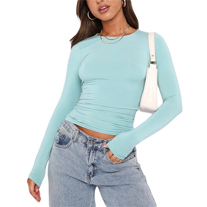 women's long sleeve tops-Women's Clothing Fashion Slim Long-sleeved Pullovers Tops Solid Causal Fit Shirts-shopluxelook.store