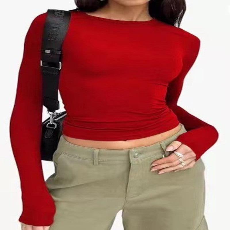 women's long sleeve tops-Women's Clothing Fashion Slim Long-sleeved Pullovers Tops Solid Causal Fit Shirts-shopluxelook.store