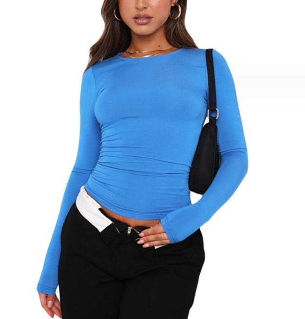 women's long sleeve tops-Women's Clothing Fashion Slim Long-sleeved Pullovers Tops Solid Causal Fit Shirts-shopluxelook.store