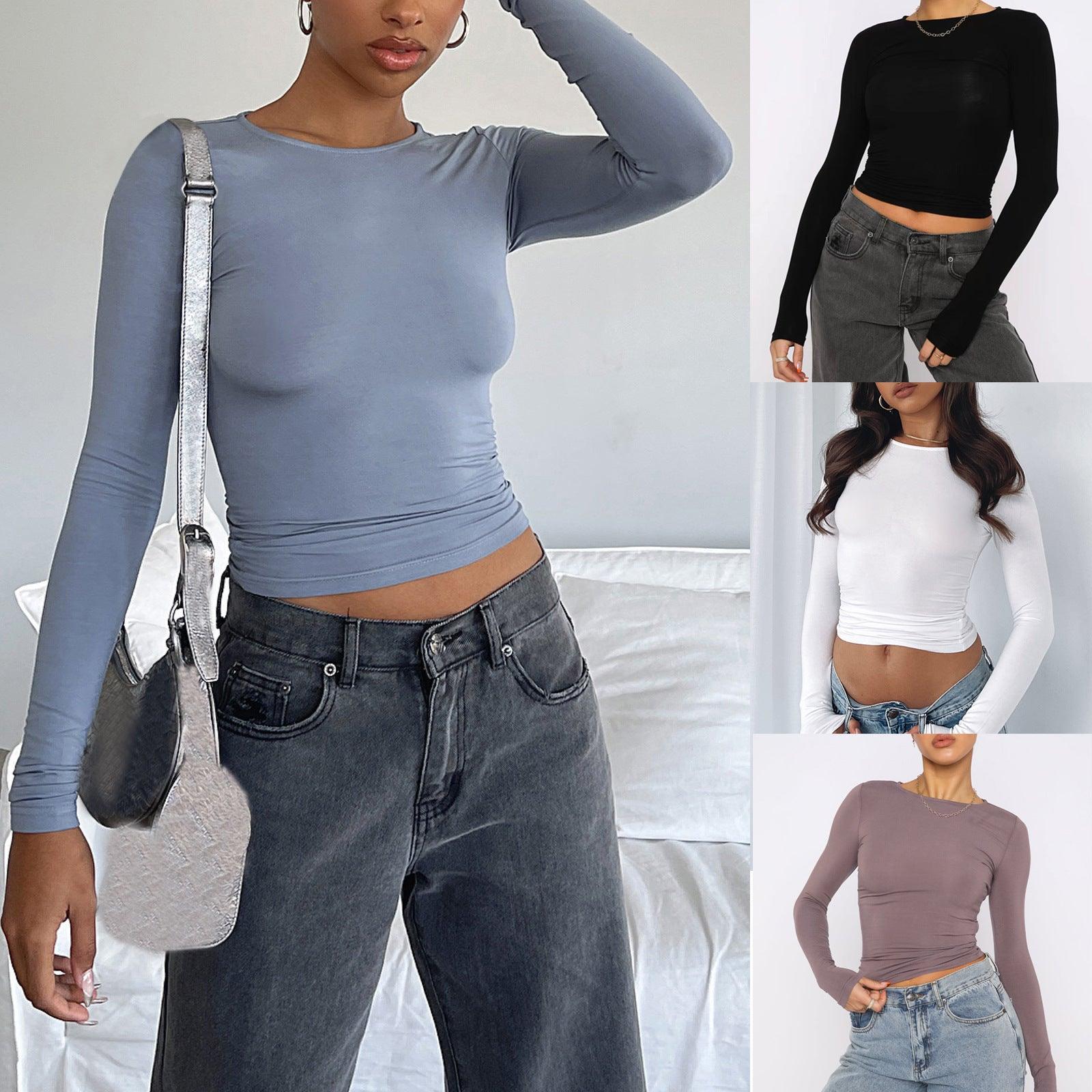 women's long sleeve tops-Women's Clothing Fashion Slim Long-sleeved Pullovers Tops Solid Causal Fit Shirts-shopluxelook.store