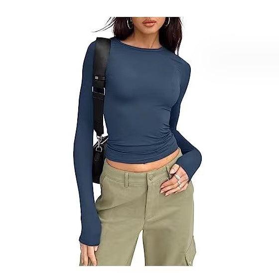 women's long sleeve tops-Women's Clothing Fashion Slim Long-sleeved Pullovers Tops Solid Causal Fit Shirts-shopluxelook.store