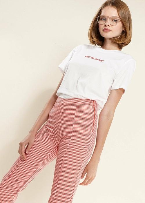 Women's Fringe Trim Slit Hem Gingham Pants in Red Gingham - Luxury by Shop Luxe Look