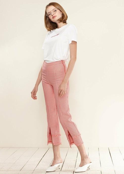 womens fringe trim slit hem gingham pants-Women's Fringe Trim Slit Hem Gingham Pants in Red Gingham-shopluxelook.store