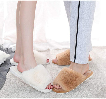 Women'S Fuzzy Fur Flat Slippers Soft Open Toe House Slippers Memory Foam Sandals Slides Home Slippers for Girls Men Indoor Outdoor - Luxury by Shop Luxe Look