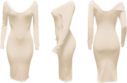 Women'S Long Sleeve Ribbed Knit Casual Bodycon Mini Dress Fall Pullover Sweater Dresses Beige - Luxury by Shop Luxe Look