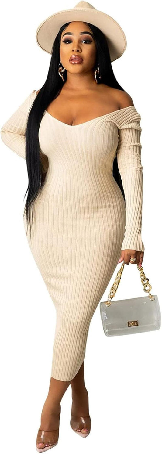 Women'S Long Sleeve Ribbed Knit Casual Bodycon Mini Dress Fall Pullover Sweater Dresses Beige - Luxury by Shop Luxe Look