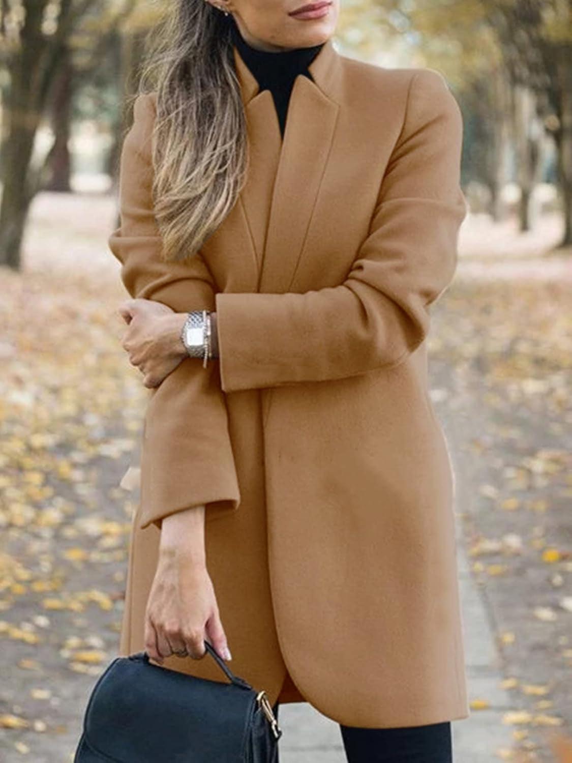 women's peacoat trench coat-Women'S Peacoat Trench Coat Mid Long Outwear Casual Lapel Open Front Slim Fit Winter Blazer Cardigan Overcoat Khaki Medium-shopluxelook.store