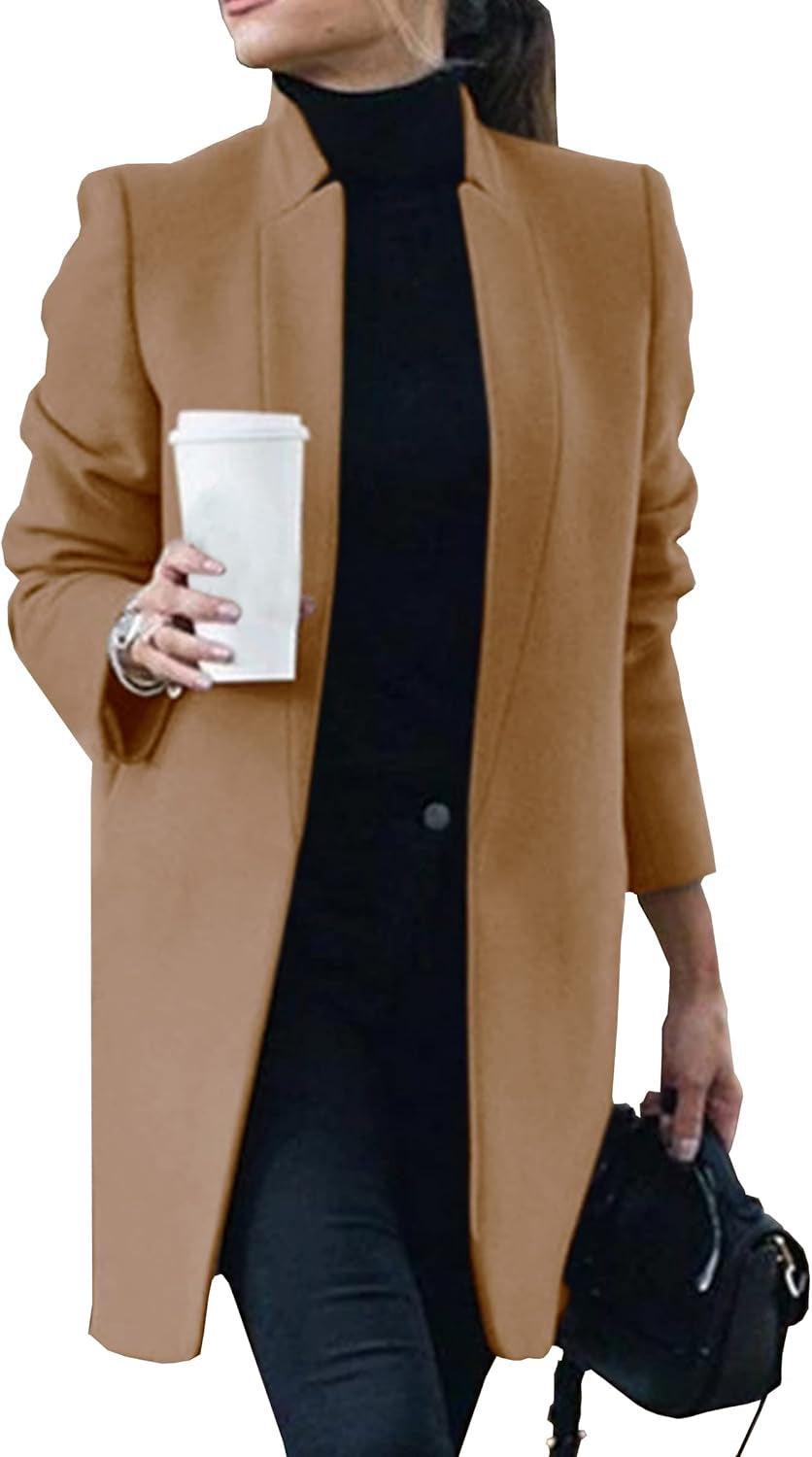 women's peacoat trench coat-Women'S Peacoat Trench Coat Mid Long Outwear Casual Lapel Open Front Slim Fit Winter Blazer Cardigan Overcoat Khaki Medium-shopluxelook.store