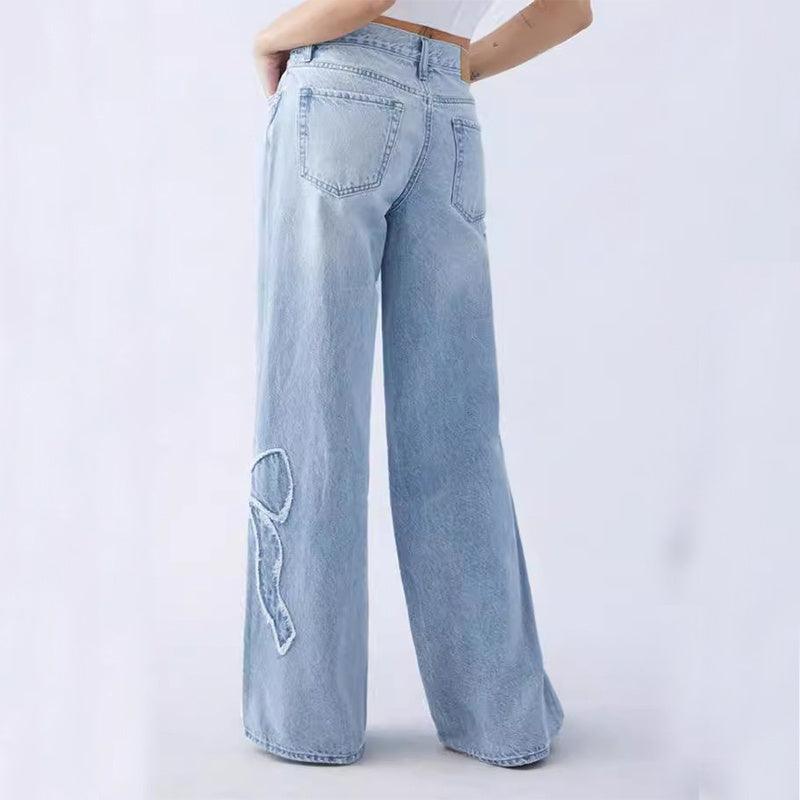 Women's Straight Trousers Embroidered Side Frayed Butterfly Jeans Street Design Hot Girl Baggy Pants - Luxury 0 by Shop Luxe Look