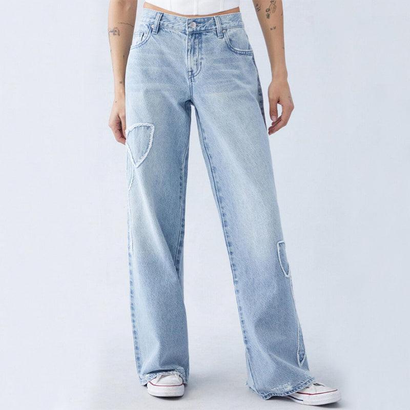 women's embroidered jeans-Women's Straight Trousers Embroidered Side Frayed Butterfly Jeans Street Design Hot Girl Baggy Pants-shopluxelook.store