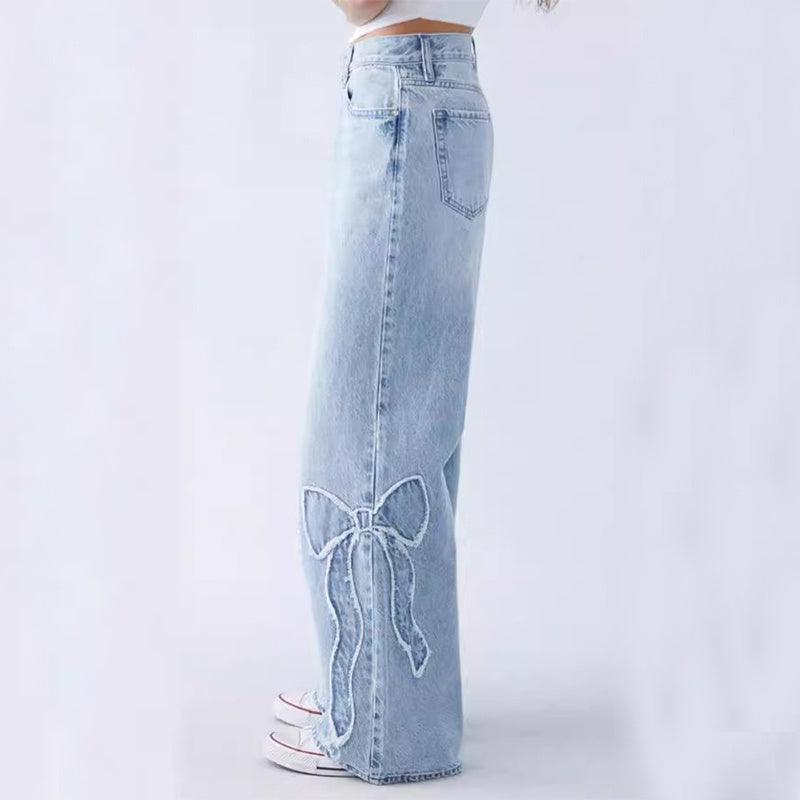 Women's Straight Trousers Embroidered Side Frayed Butterfly Jeans Street Design Hot Girl Baggy Pants - Luxury 0 by Shop Luxe Look