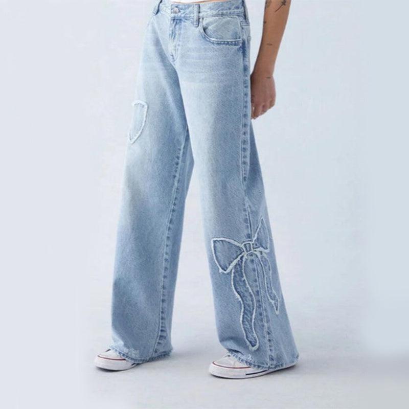 women's embroidered jeans-Women's Straight Trousers Embroidered Side Frayed Butterfly Jeans Street Design Hot Girl Baggy Pants-shopluxelook.store