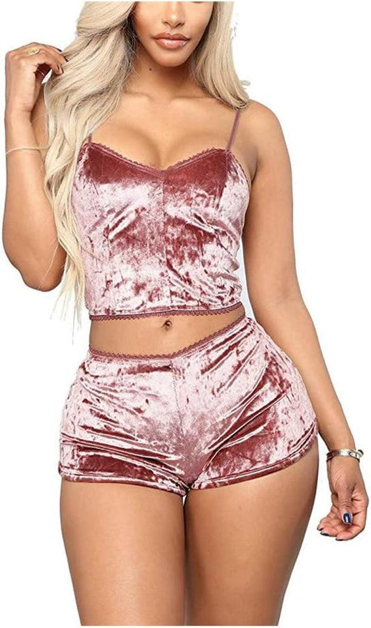 Women'S Velvet 2 Piece Outfit Spaghetti Strap Sleeveless Crop Top Camisole and Shorts Pajamas Set Sleepwear Nightwear - Luxury by Shop Luxe Look